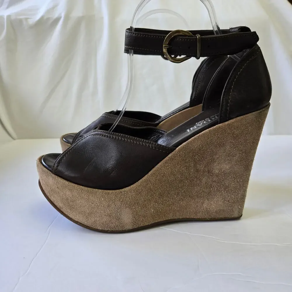 Cordani Made in Italy Platform Wedge Sandals Brown Leather & Suede Heel Size 9